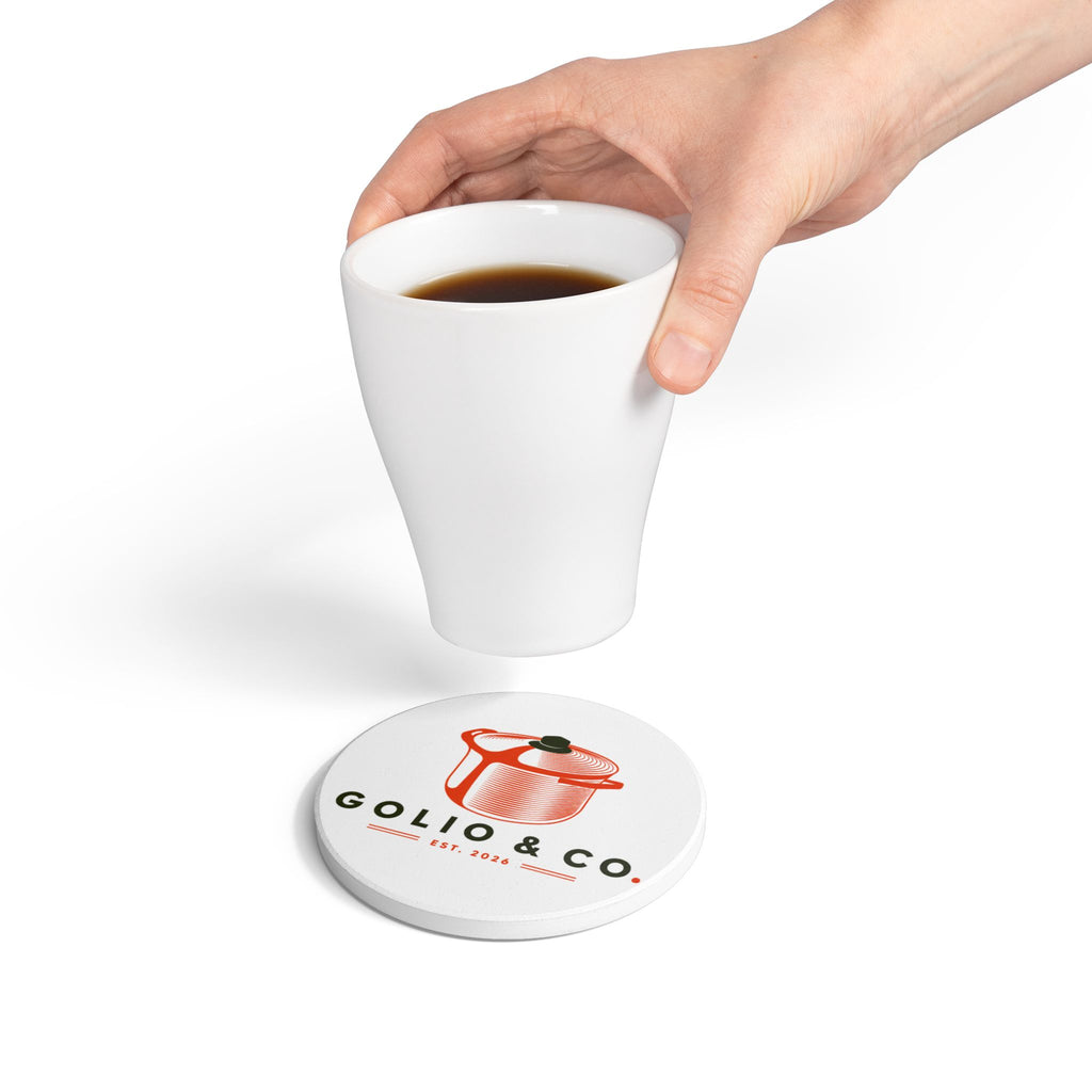 Ceramic Coaster – Vintage Pot & Pan Logo Coaster (Golio & Co. Est. 2026)