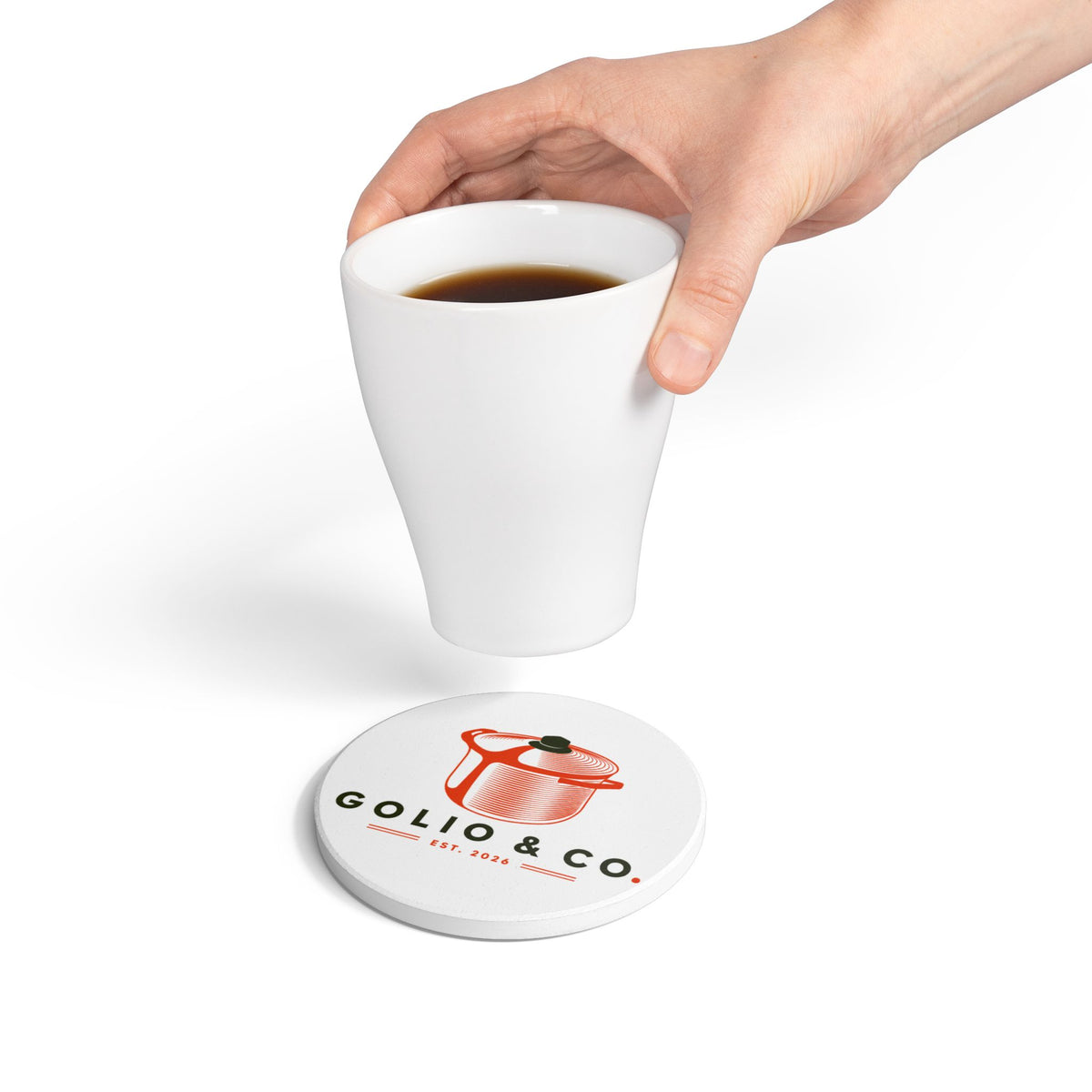 Ceramic Coaster – Vintage Pot & Pan Logo Coaster (Golio & Co. Est. 2026)