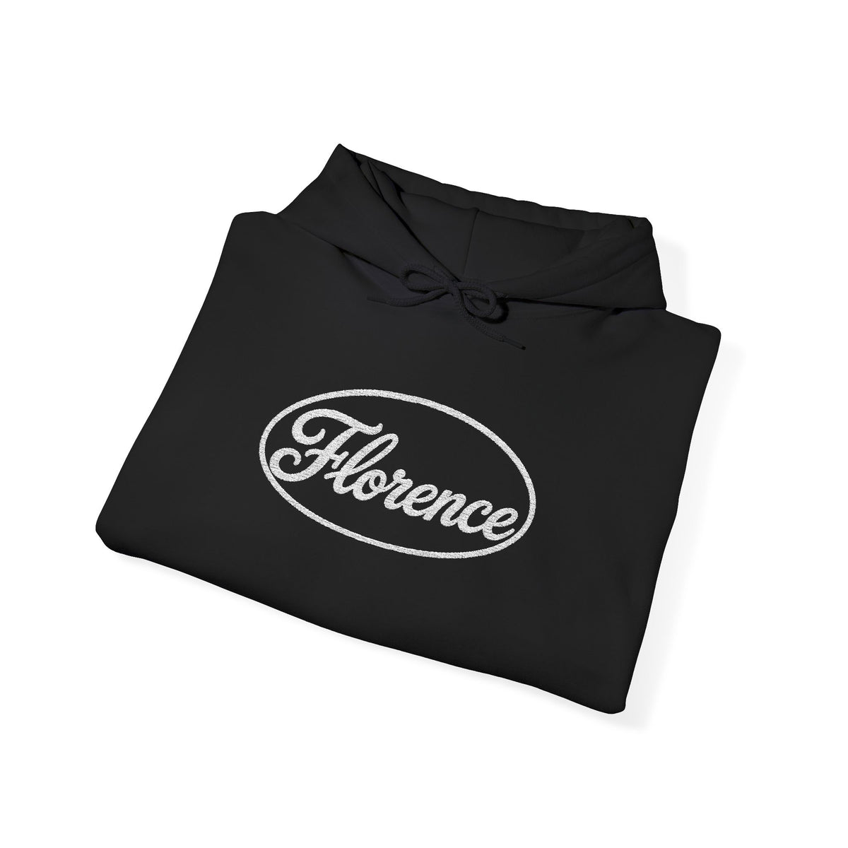 Embroidered Florence Script Hoodie — Vintage Oval Logo Pullover