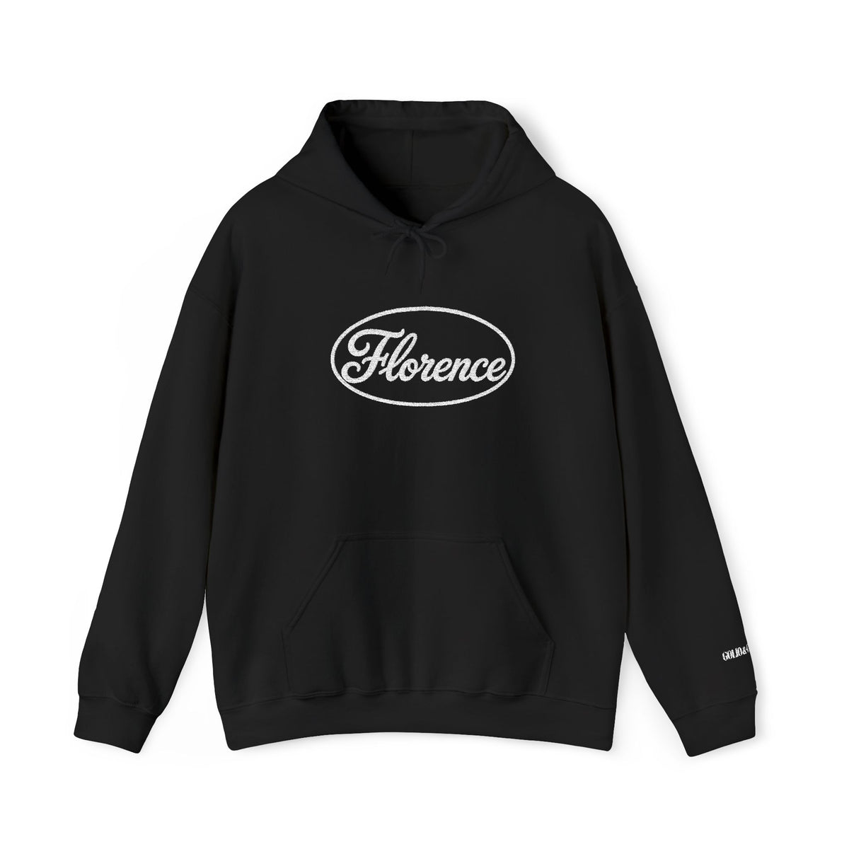 Embroidered Florence Script Hoodie — Vintage Oval Logo Pullover