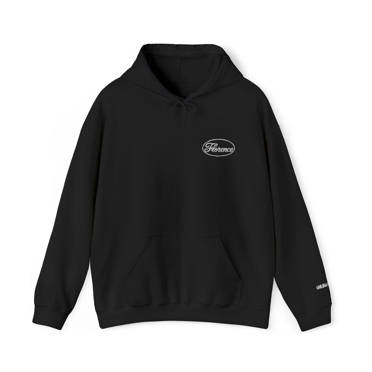 Embroidered Classic Florence Logo Hoodie — Minimal Black Pullover with Small Chest & Sleeve Text