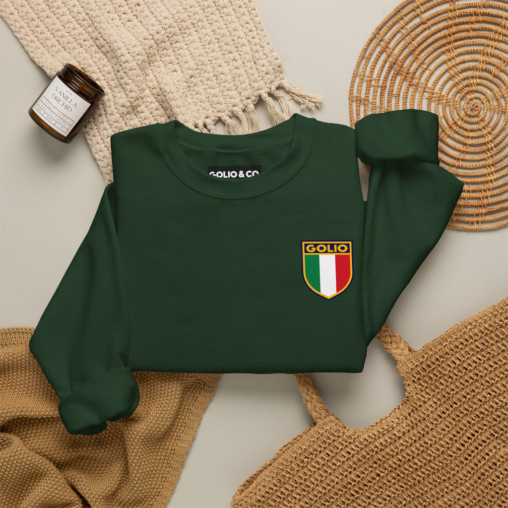 Embroidered Italian Crest Golio Style Crewneck Sweatshirt — Retro Italian Flag Patch