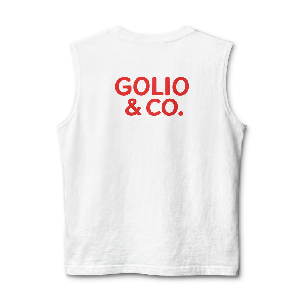 Dobbs Acres Muscle Tank — ‘Golio & Co.’ Red Logo Farm-Style Sleeveless Tee