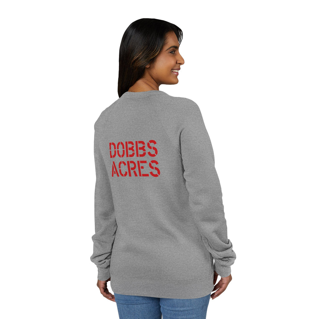 Dobbs Acres Raglan Sweatshirt — Minimal Red Stencil Logo Crewneck
