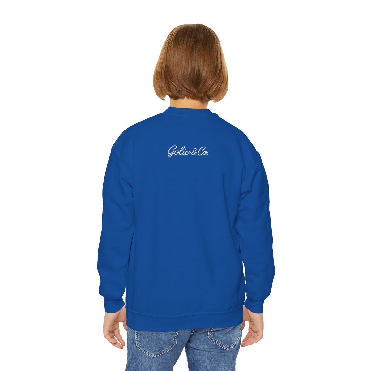 Youth Crewneck Sweatshirt - DF Letterman Patch Logo, Blue School Spirit Pullover