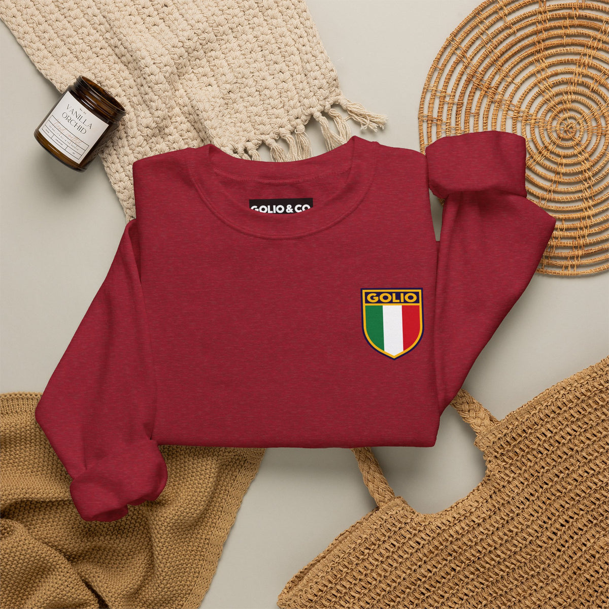 Embroidered Italian Crest Golio Style Crewneck Sweatshirt — Retro Italian Flag Patch