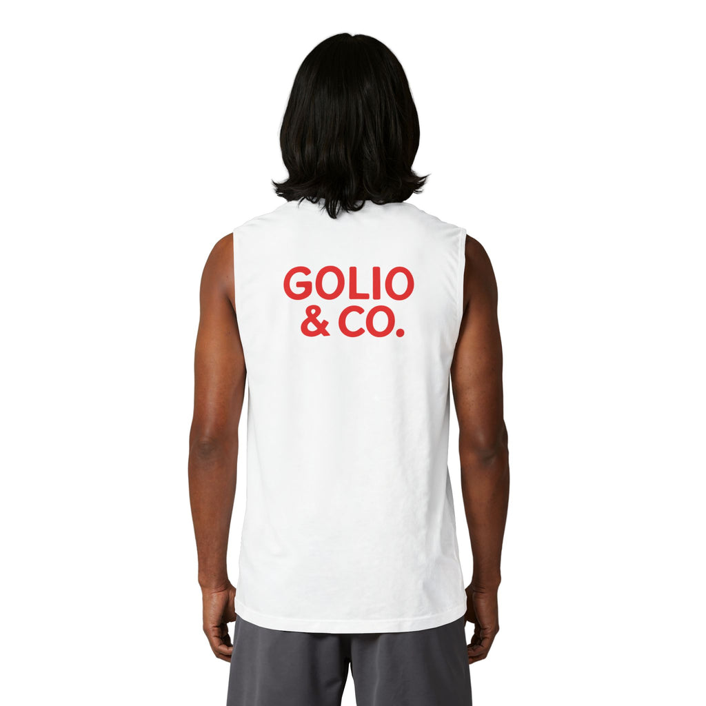 Dobbs Acres Muscle Tank — ‘Golio & Co.’ Red Logo Farm-Style Sleeveless Tee