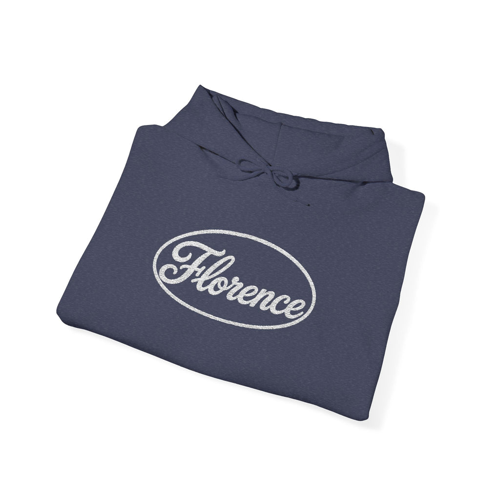 Embroidered Florence Script Hoodie — Vintage Oval Logo Pullover