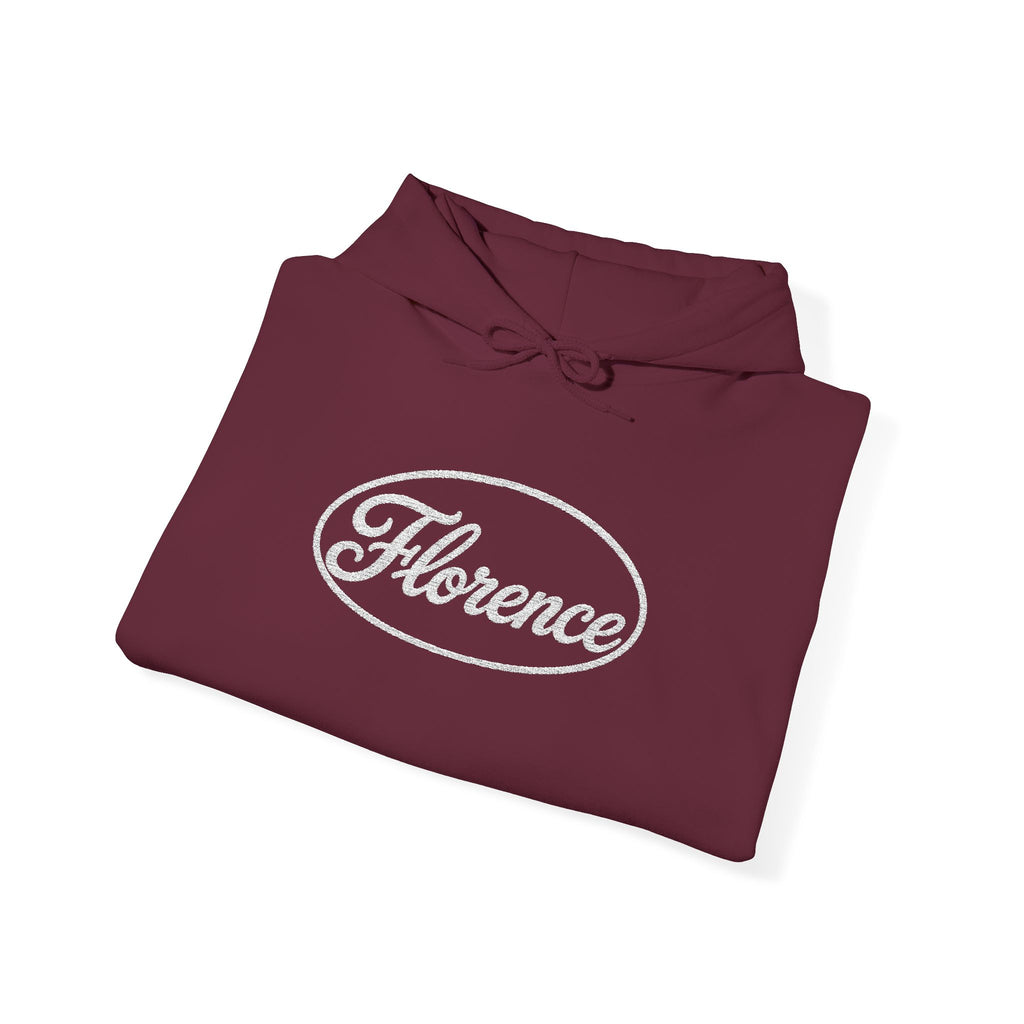 Embroidered Florence Script Hoodie — Vintage Oval Logo Pullover