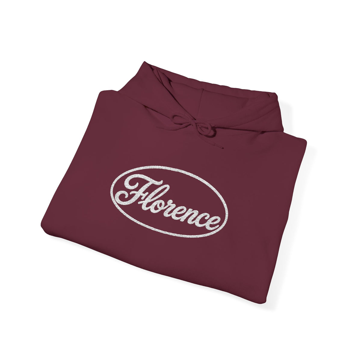 Embroidered Florence Script Hoodie — Vintage Oval Logo Pullover