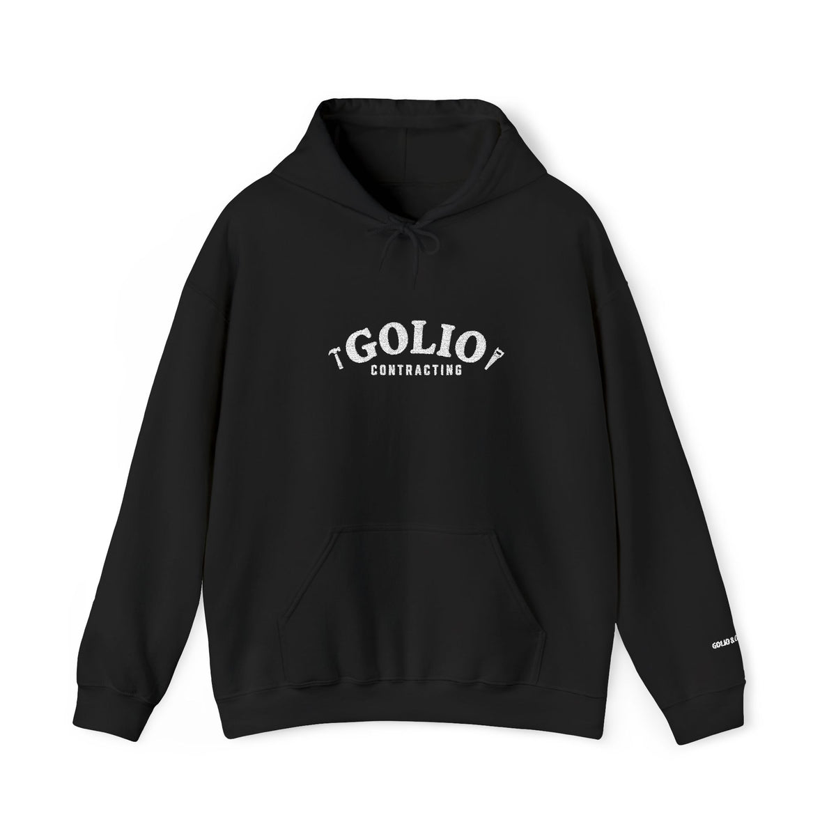 Embroidered Golio Contracting Conversation Hoodie — Black Graphic Logo Pullover