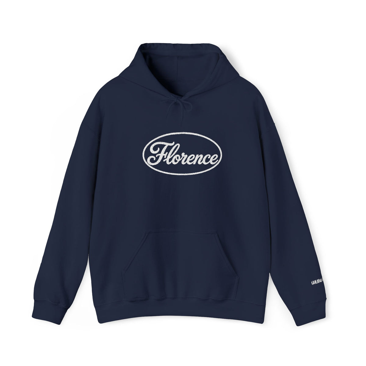 Embroidered Florence Script Hoodie — Vintage Oval Logo Pullover