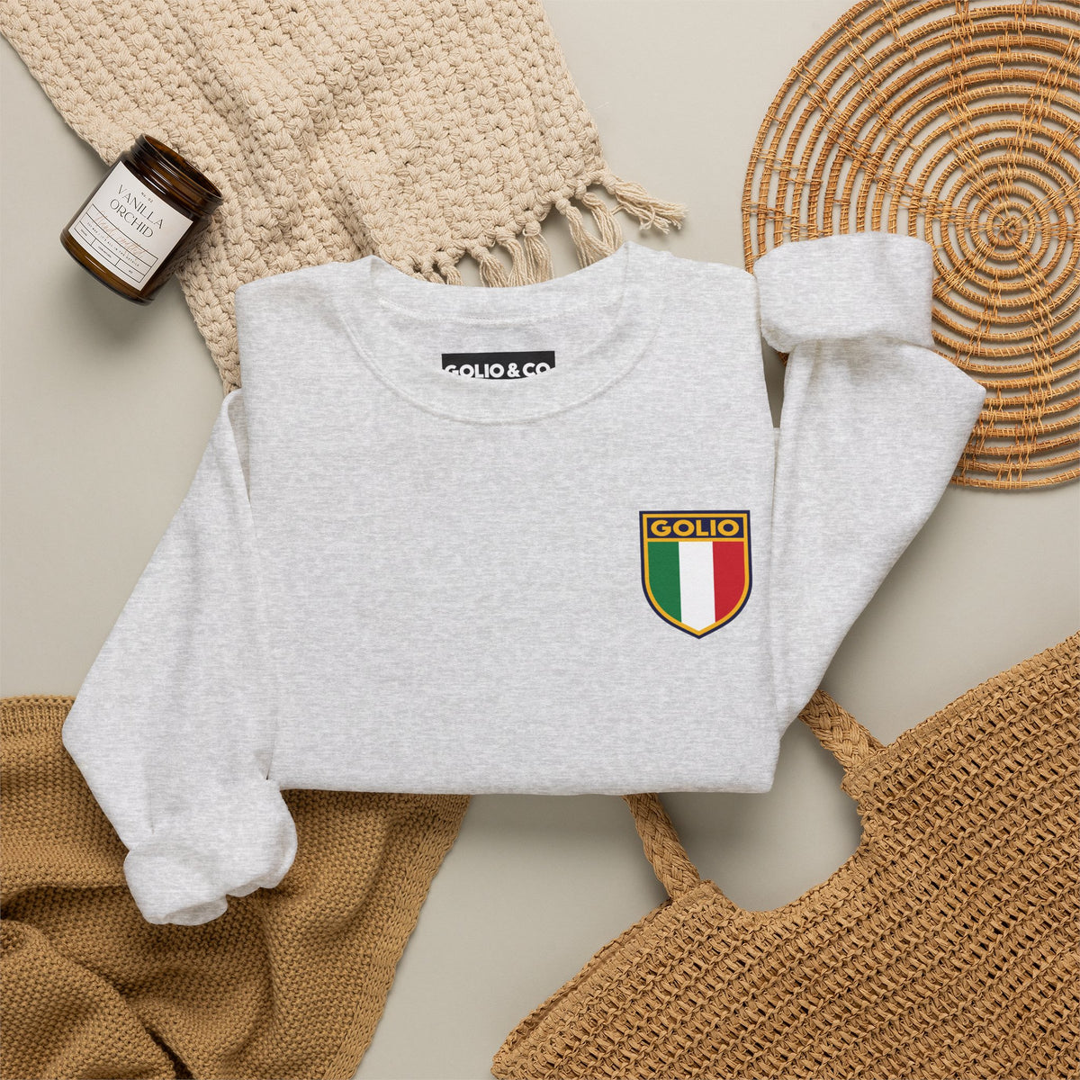 Embroidered Italian Crest Golio Style Crewneck Sweatshirt — Retro Italian Flag Patch