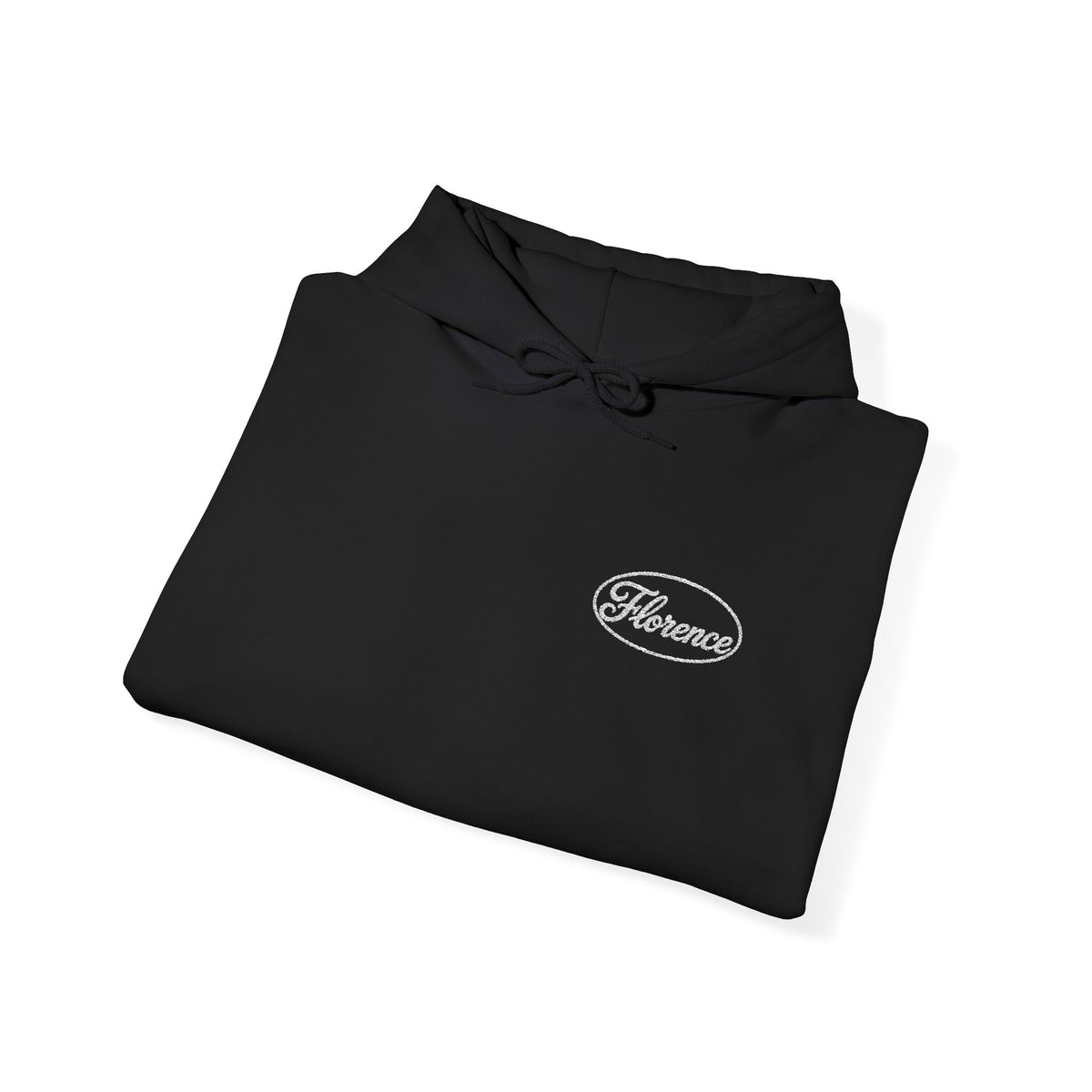 Embroidered Classic Florence Logo Hoodie — Minimal Black Pullover with Small Chest & Sleeve Text