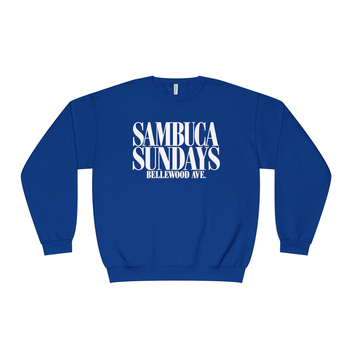 Sambuca Sundays Crewneck Sweatshirt — 'SAMBÚCA SUNDAYS BELLEWOOD AVE.' Graphic Sweatshirt