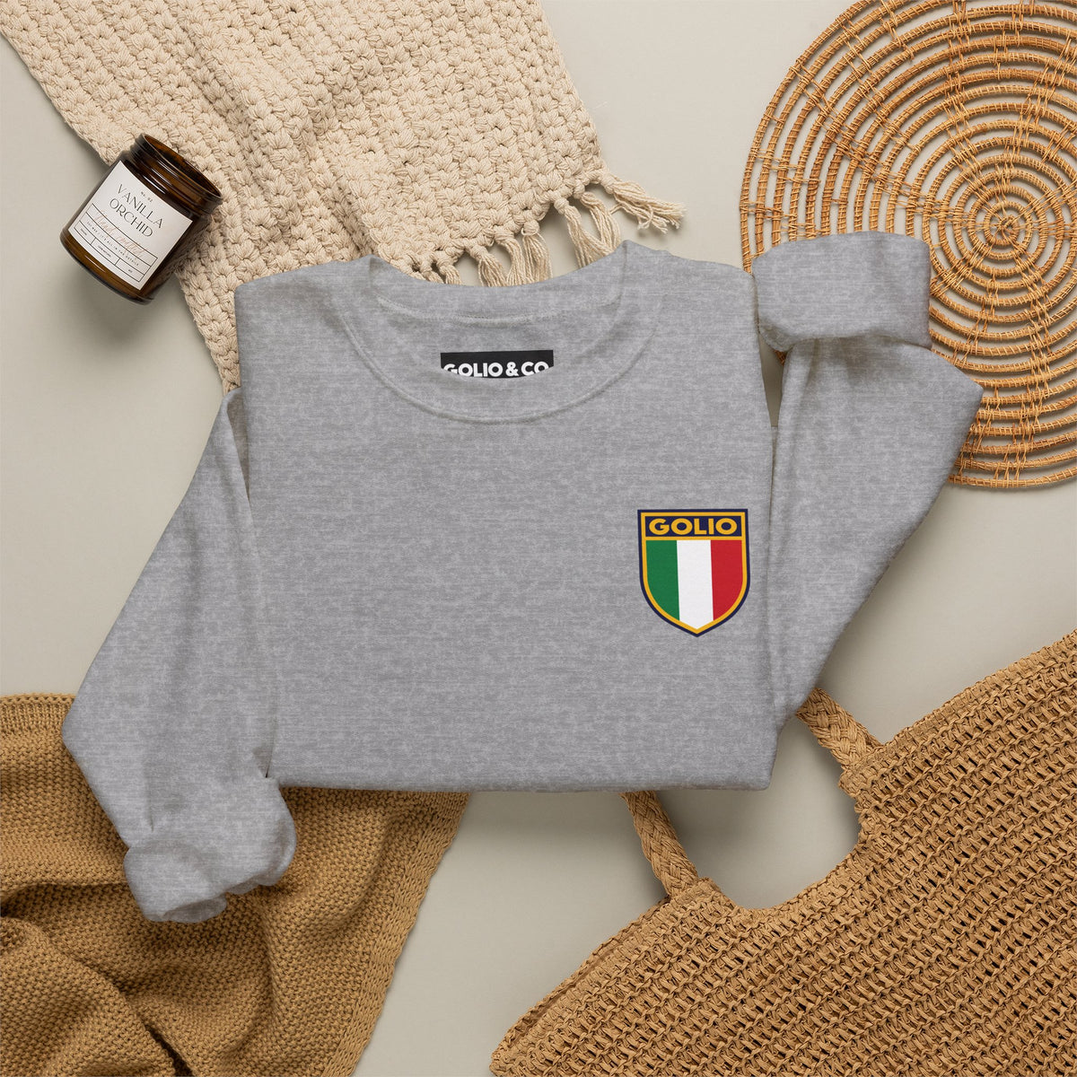 Embroidered Italian Crest Golio Style Crewneck Sweatshirt — Retro Italian Flag Patch