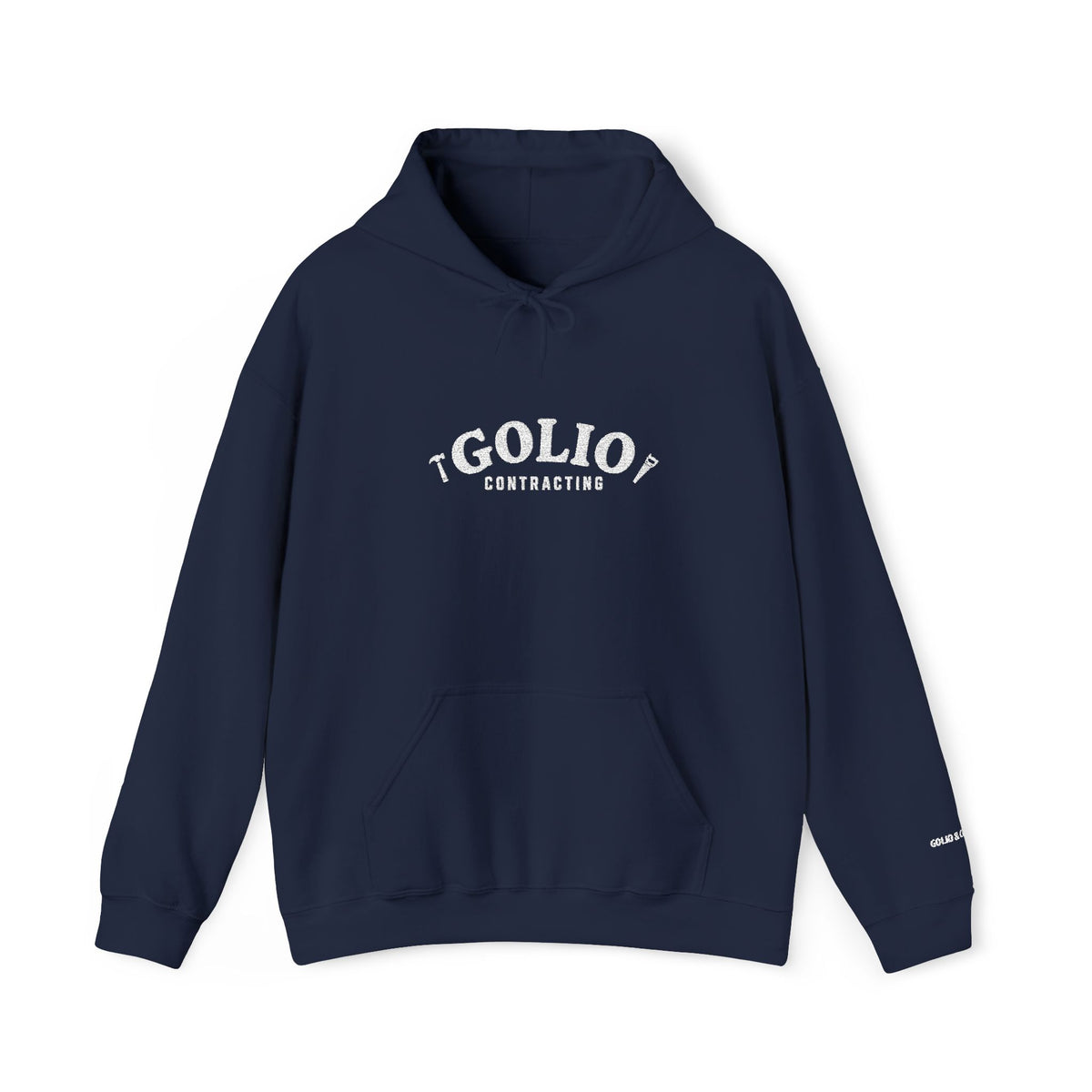 Embroidered Golio Contracting Conversation Hoodie — Black Graphic Logo Pullover