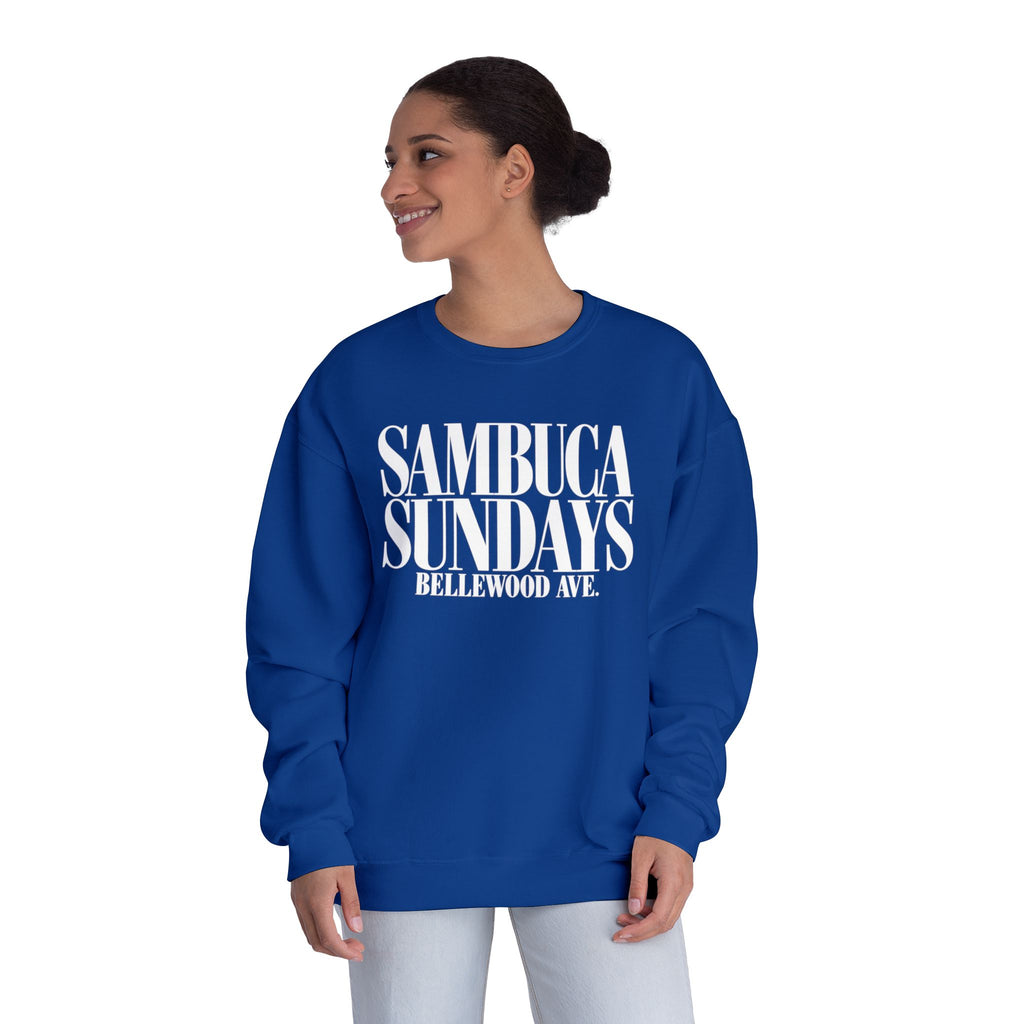 Sambuca Sundays Crewneck Sweatshirt — 'SAMBÚCA SUNDAYS BELLEWOOD AVE.' Graphic Sweatshirt