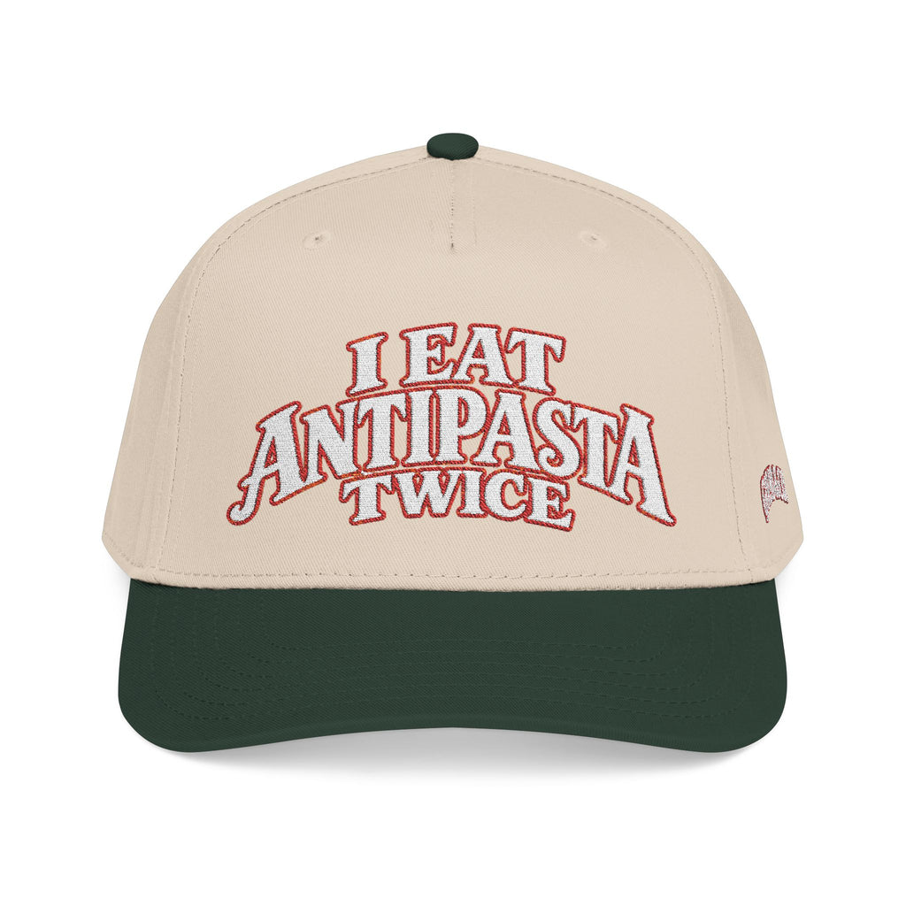 Mid Profile Baseball Cap — "I Eat Antipasta Twice" Embroidered Retro Pizza Hat