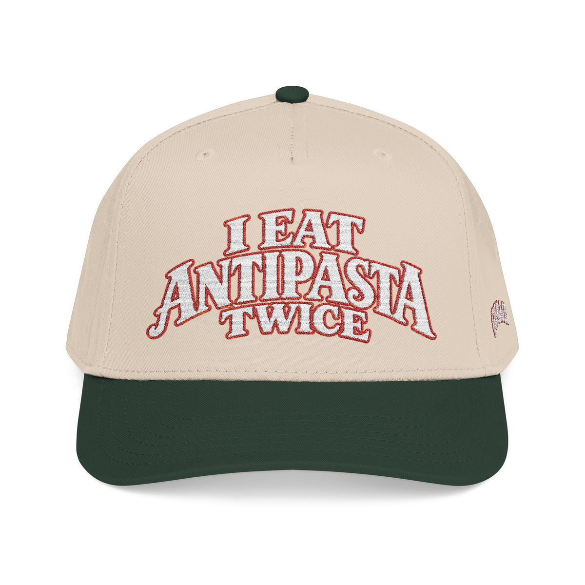Mid Profile Baseball Cap — "I Eat Antipasta Twice" Embroidered Retro Pizza Hat