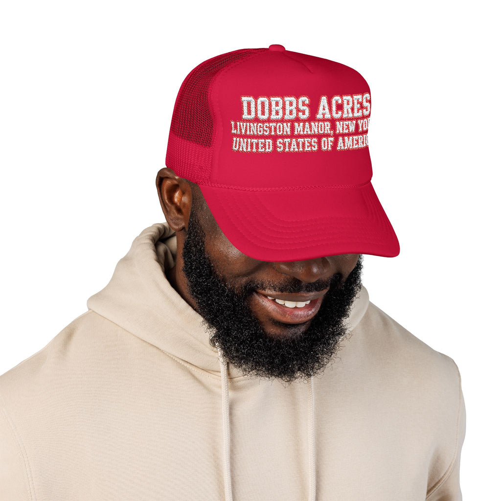 Red Dobbs Acres Trucker Hat — Livingston Manor, New York Vintage Foam Cap