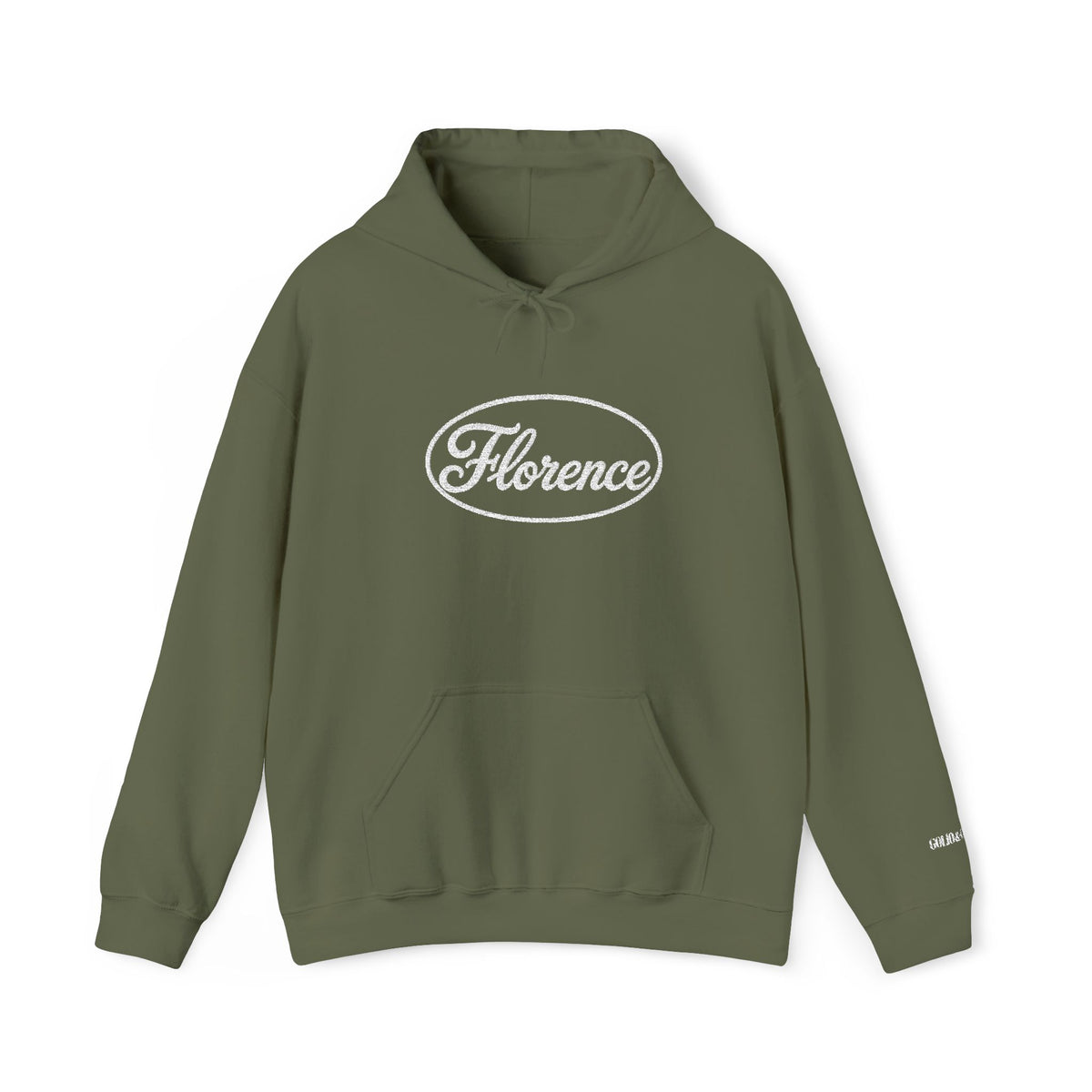Embroidered Florence Script Hoodie — Vintage Oval Logo Pullover