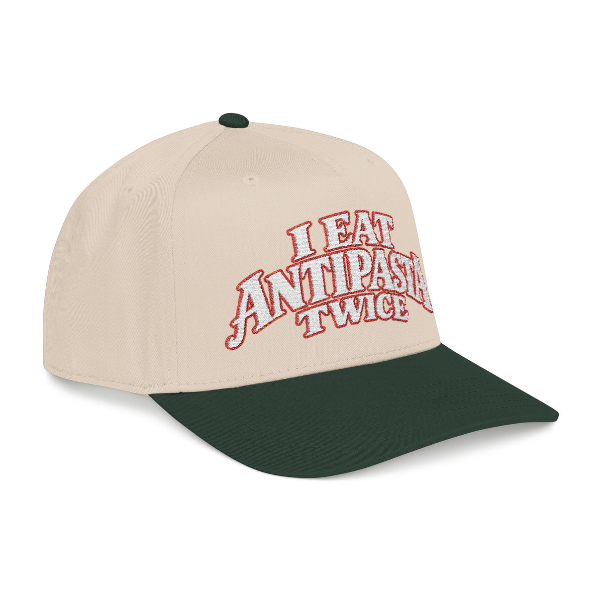 Mid Profile Baseball Cap — "I Eat Antipasta Twice" Embroidered Retro Pizza Hat