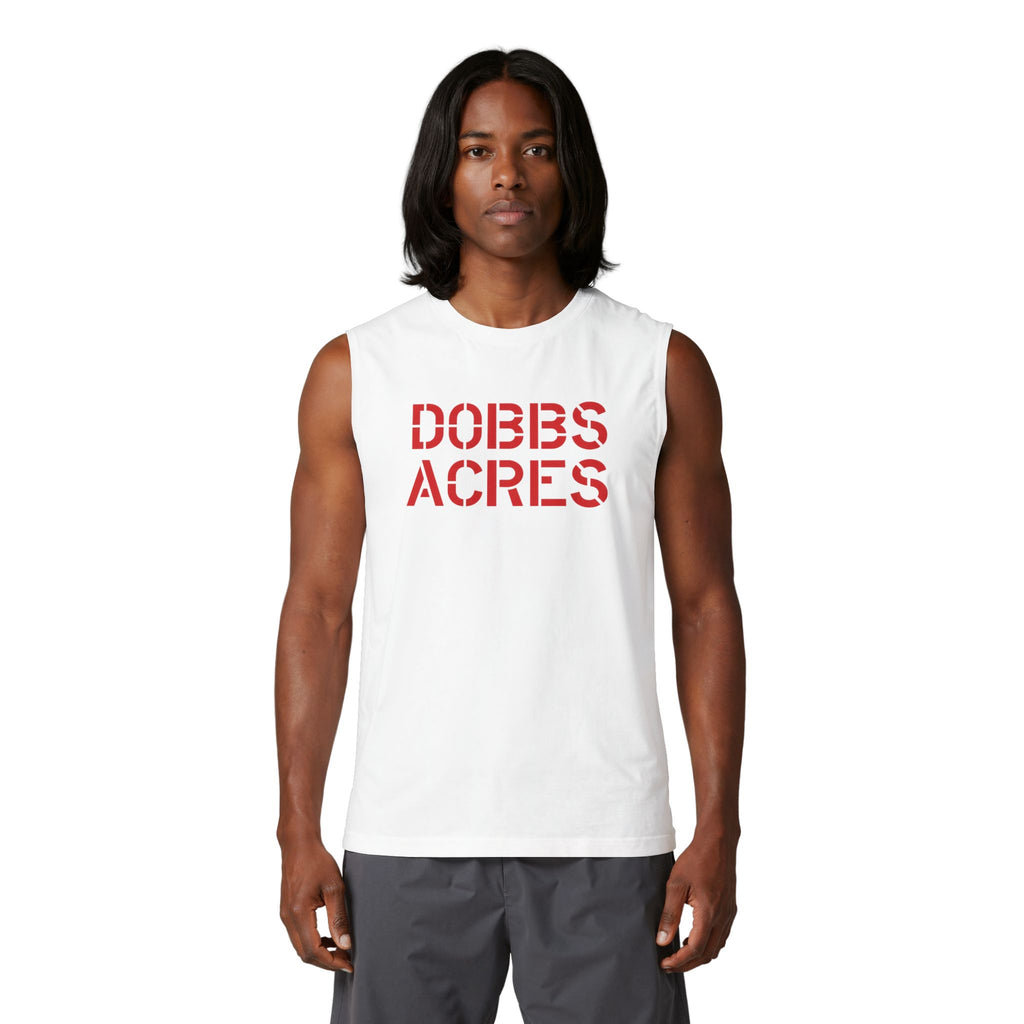 Dobbs Acres Muscle Tank — ‘Golio & Co.’ Red Logo Farm-Style Sleeveless Tee