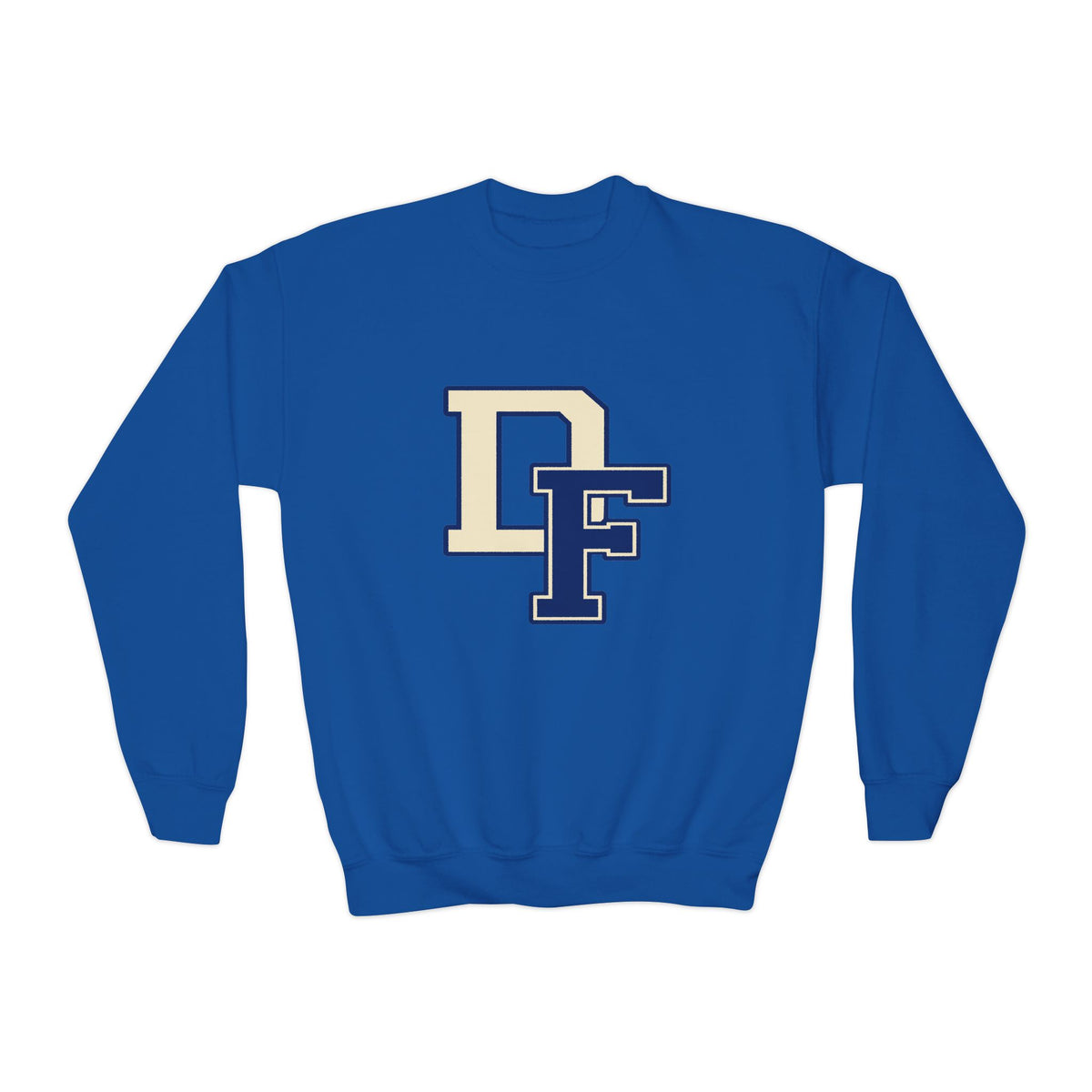 Youth Crewneck Sweatshirt - DF Letterman Patch Logo, Blue School Spirit Pullover