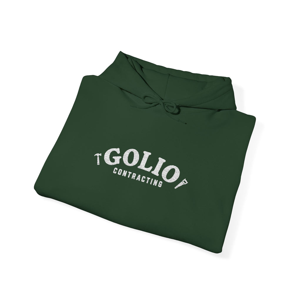 Embroidered Golio Contracting Conversation Hoodie — Black Graphic Logo Pullover