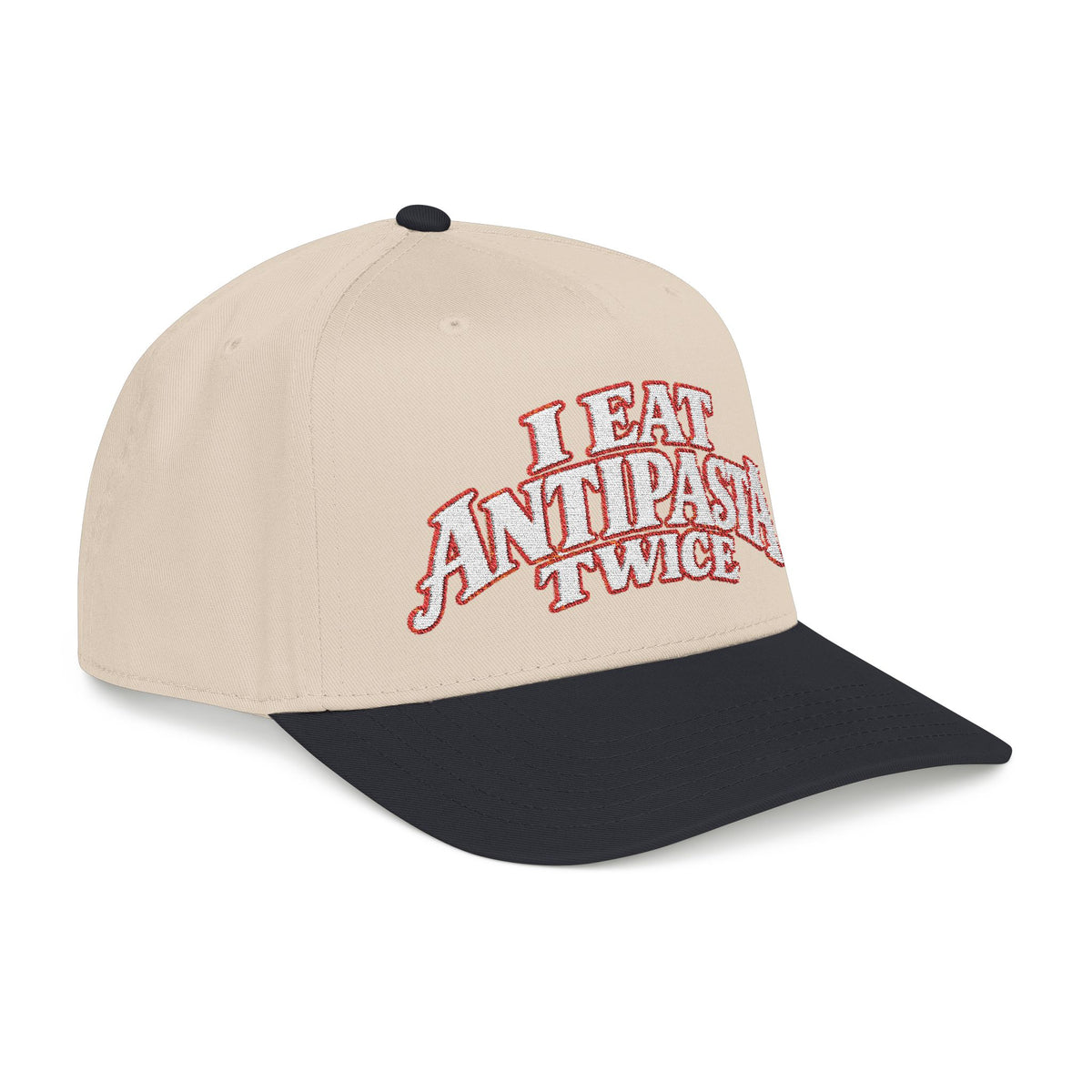 Mid Profile Baseball Cap — "I Eat Antipasta Twice" Embroidered Retro Pizza Hat