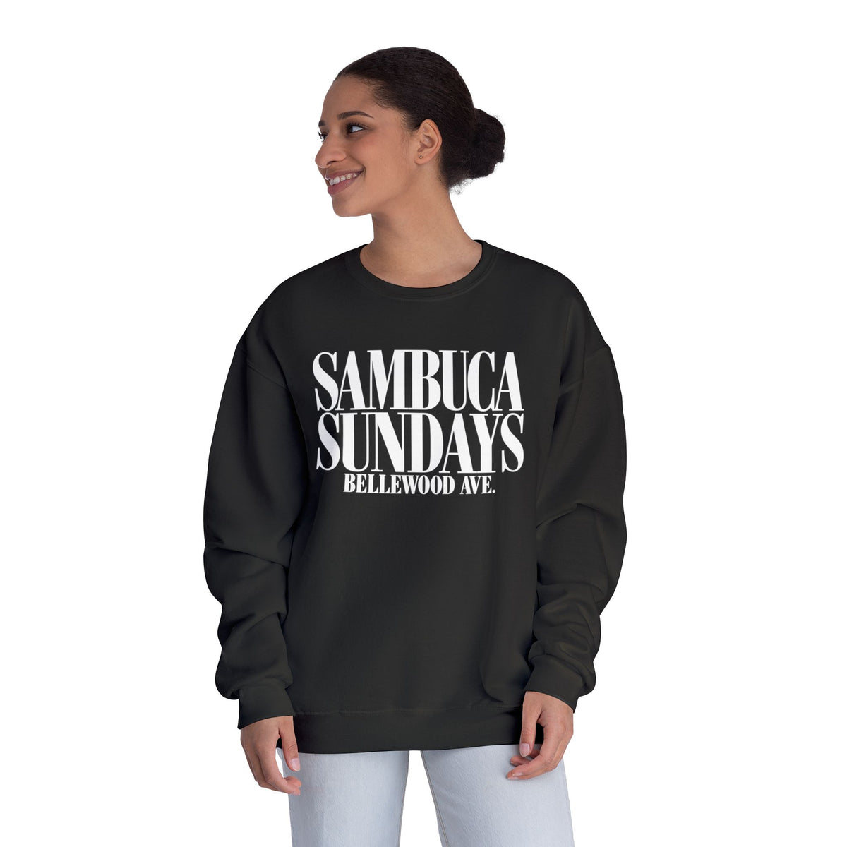 Sambuca Sundays Crewneck Sweatshirt — 'SAMBÚCA SUNDAYS BELLEWOOD AVE.' Graphic Sweatshirt