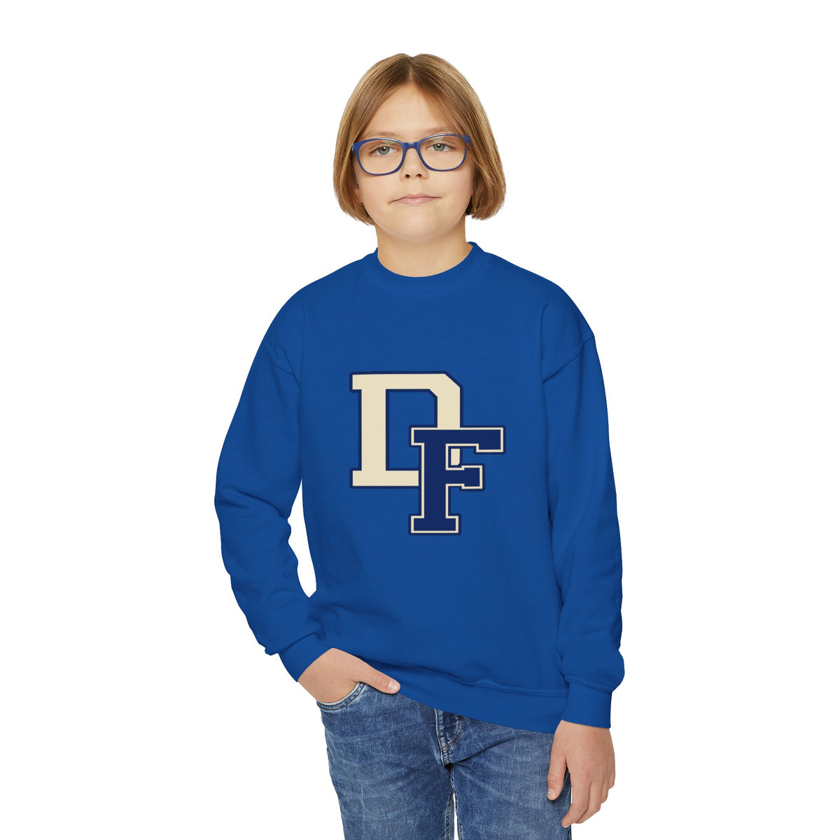 Youth Crewneck Sweatshirt - DF Letterman Patch Logo, Blue School Spirit Pullover
