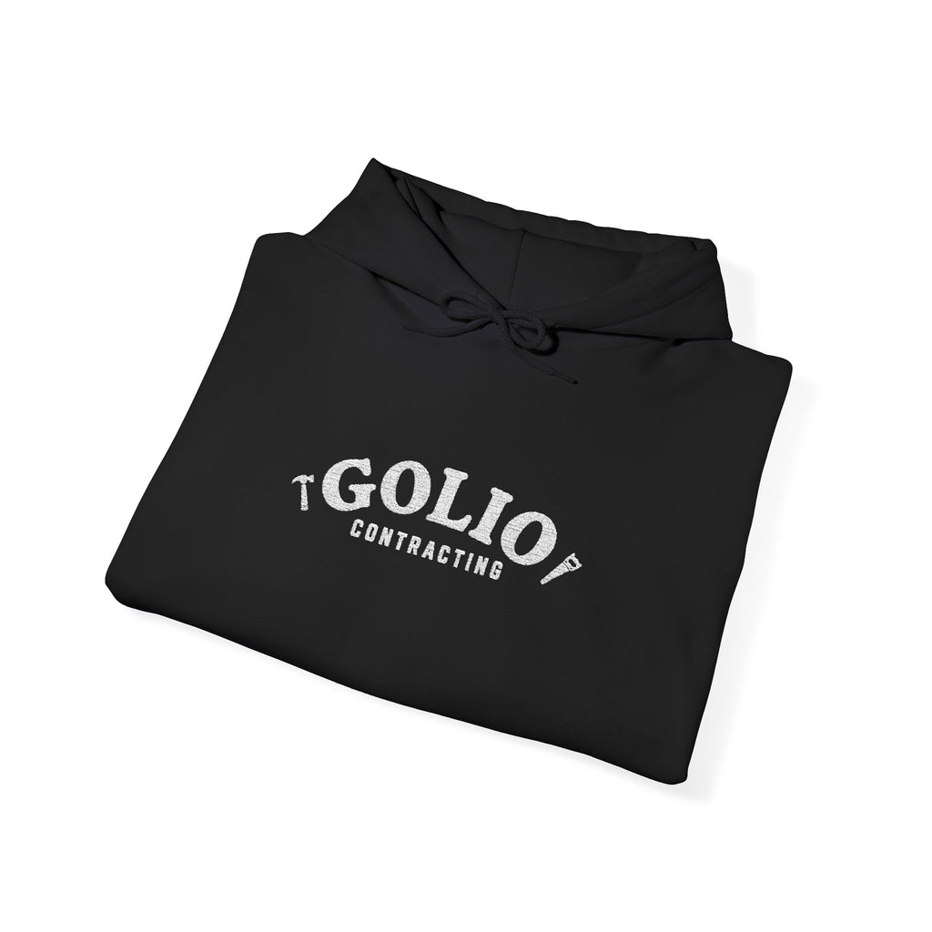 Embroidered Golio Contracting Conversation Hoodie — Black Graphic Logo Pullover