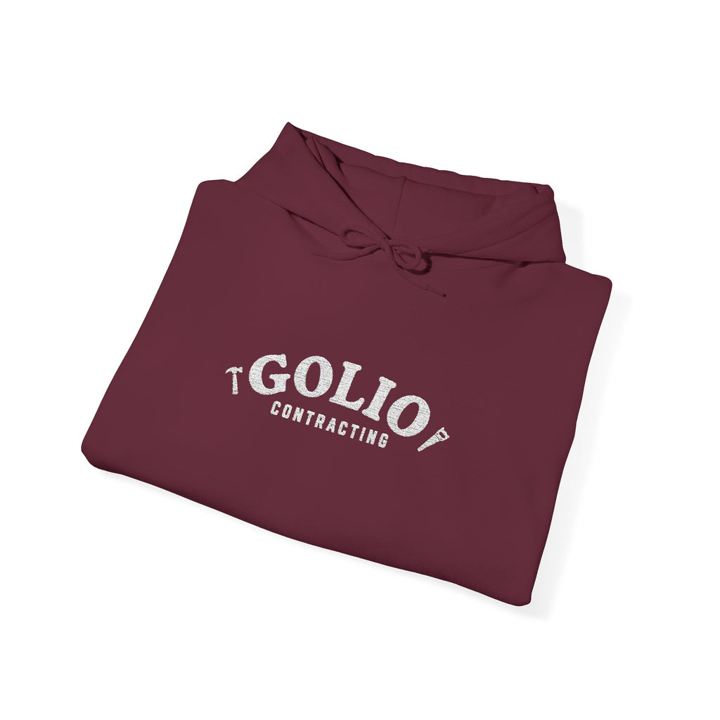 Embroidered Golio Contracting Conversation Hoodie — Black Graphic Logo Pullover