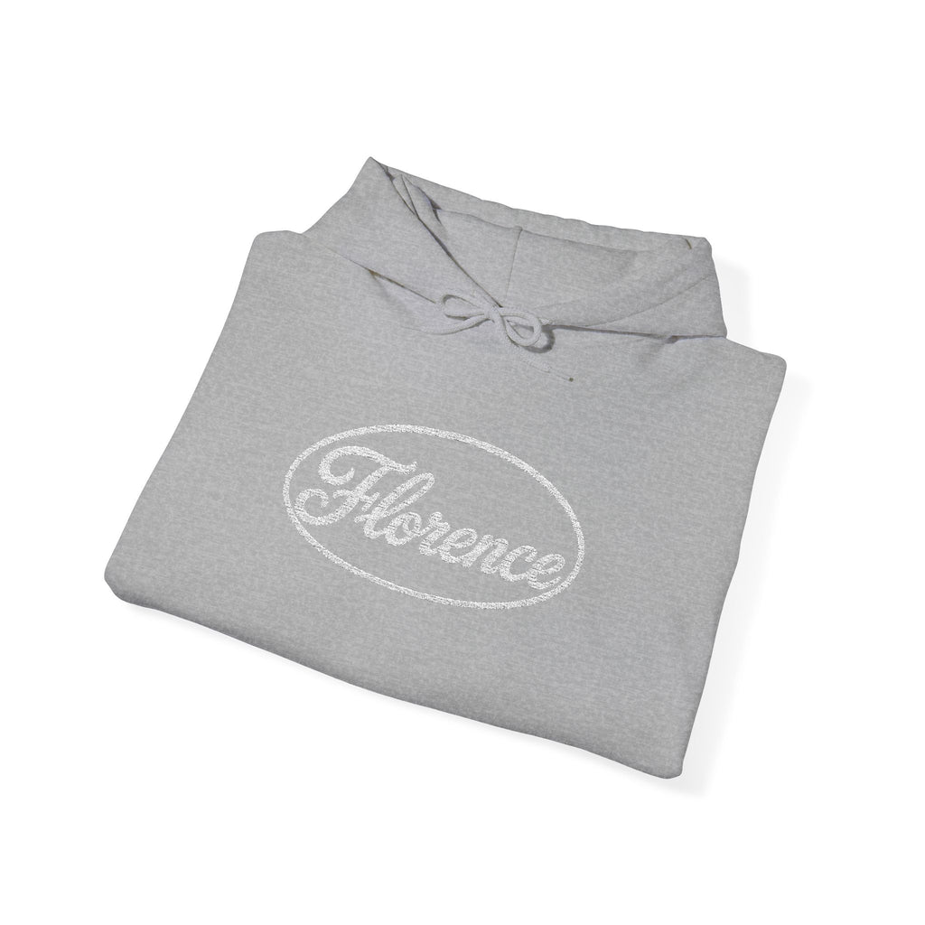Embroidered Florence Script Hoodie — Vintage Oval Logo Pullover