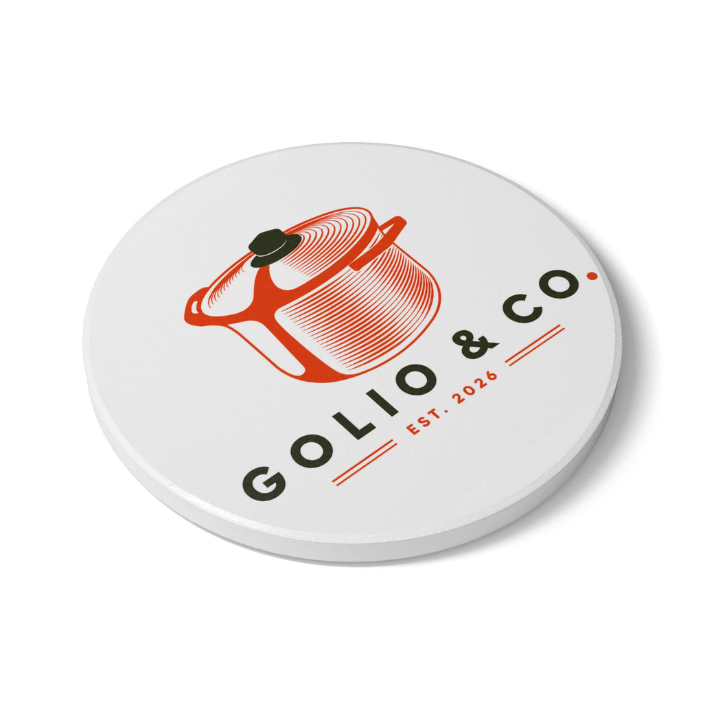 Ceramic Coaster – Vintage Pot & Pan Logo Coaster (Golio & Co. Est. 2026)