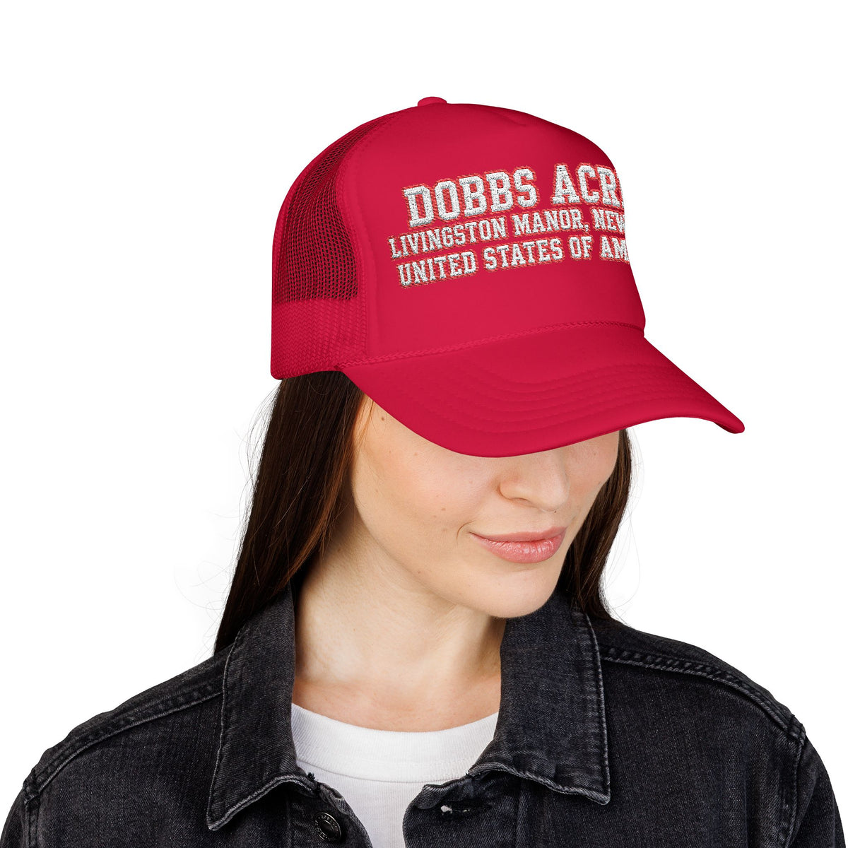Red Dobbs Acres Trucker Hat — Livingston Manor, New York Vintage Foam Cap