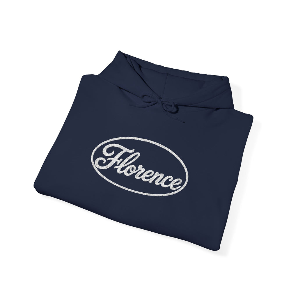 Embroidered Florence Script Hoodie — Vintage Oval Logo Pullover