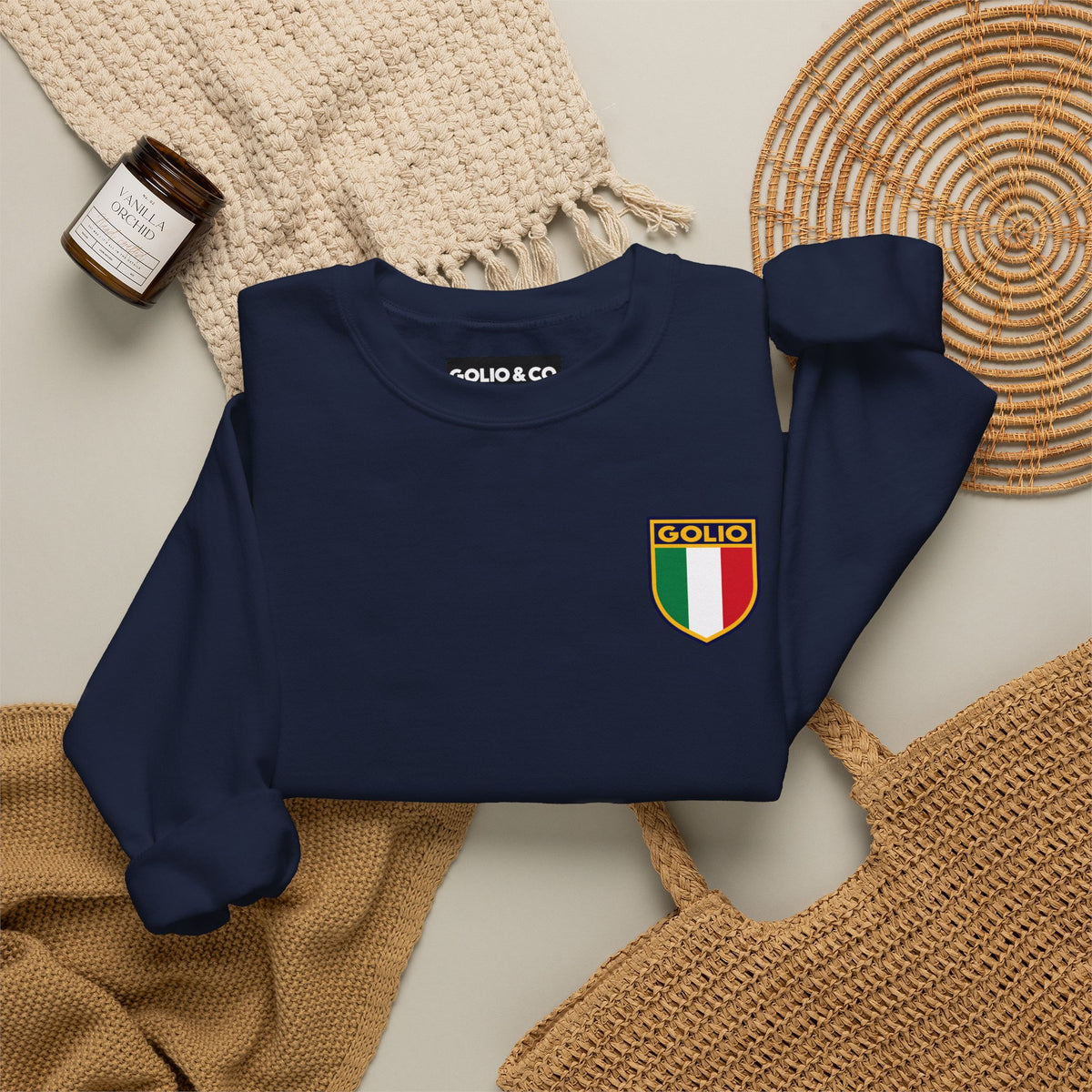 Embroidered Italian Crest Golio Style Crewneck Sweatshirt — Retro Italian Flag Patch