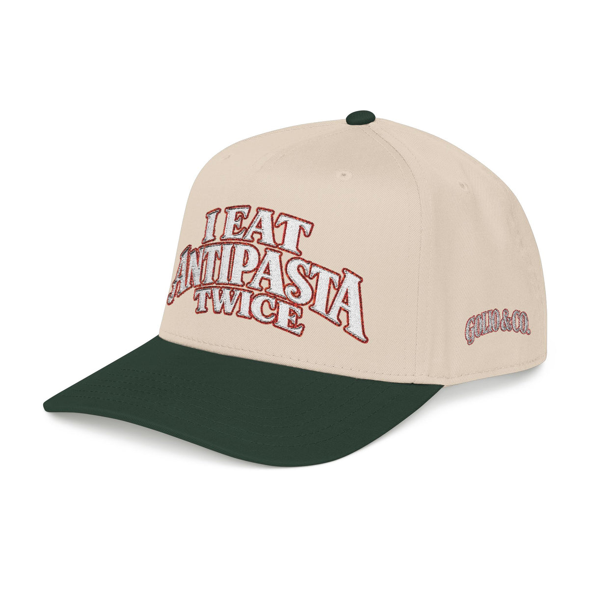 Mid Profile Baseball Cap — "I Eat Antipasta Twice" Embroidered Retro Pizza Hat