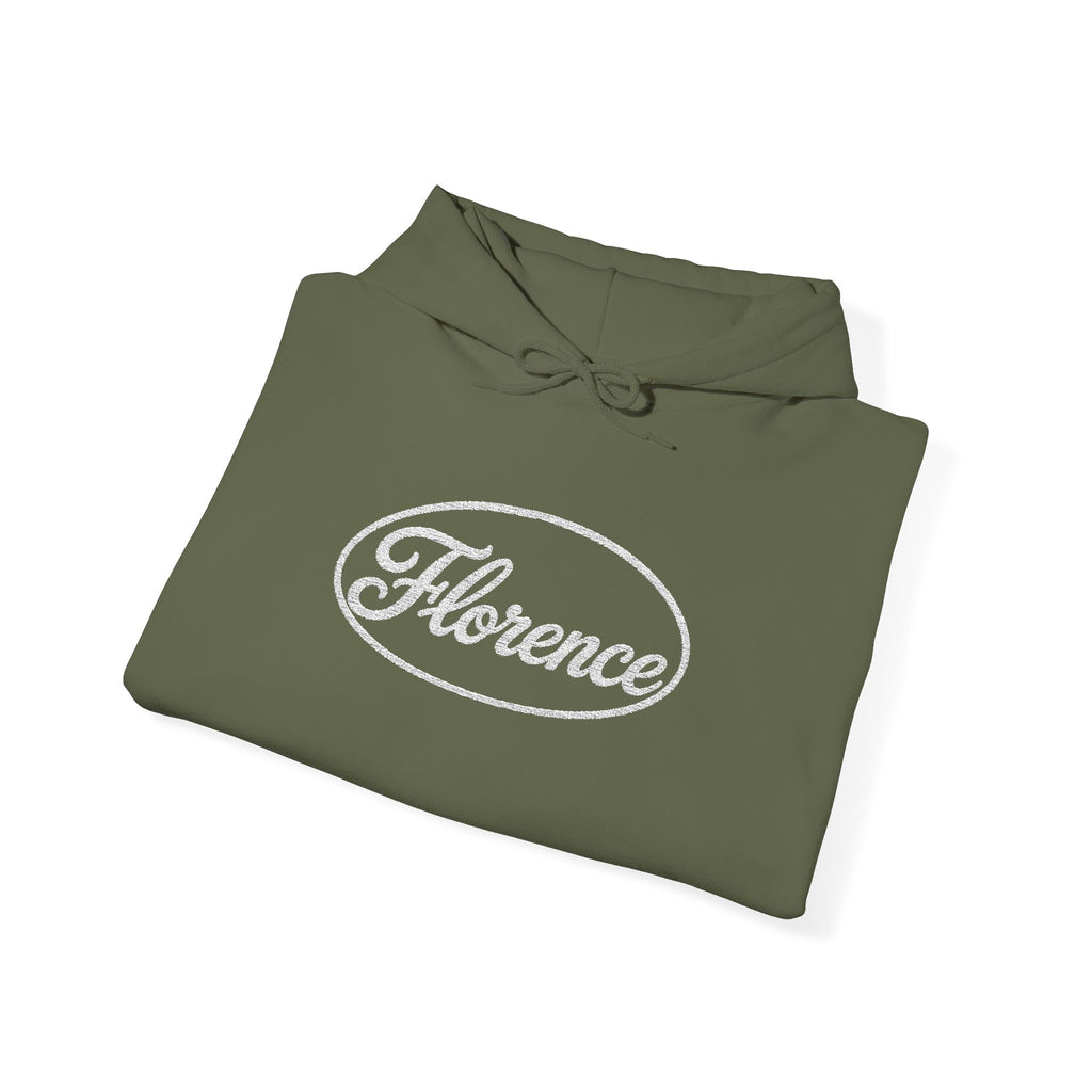 Embroidered Florence Script Hoodie — Vintage Oval Logo Pullover