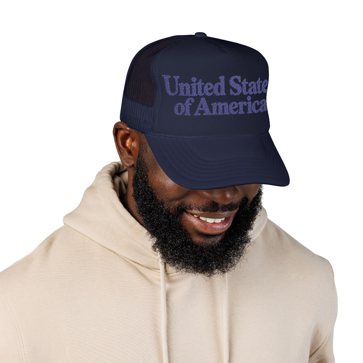 United States of America Foam Trucker Hat — Navy Mesh Cap