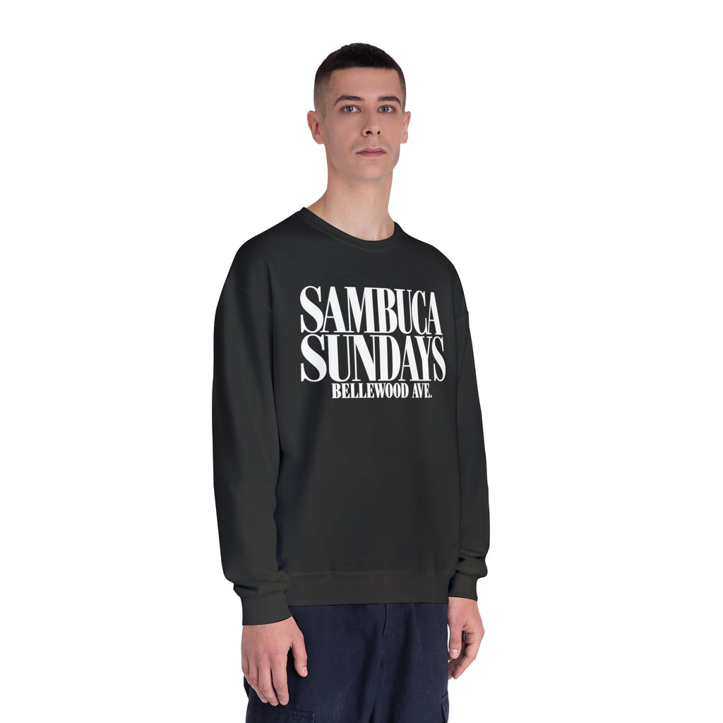 Sambuca Sundays Crewneck Sweatshirt — 'SAMBÚCA SUNDAYS BELLEWOOD AVE.' Graphic Sweatshirt